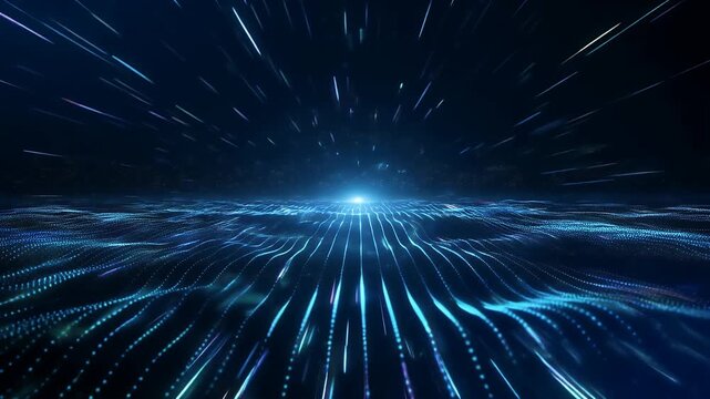 Abstract digital landscape with flowing light particles and star trails.