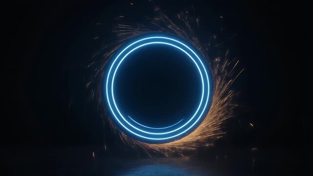 A glowing blue circular portal with golden sparks erupting around its circumference against a dark background.