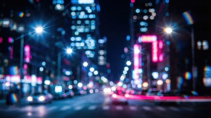 Obraz premium Blurred city lights and neon signs glowing in an abstract metropolitan night street with bokeh representing urban energy and digital technology concept