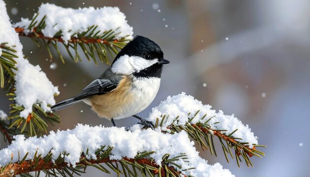 A small bird perches on a snowy pine branch