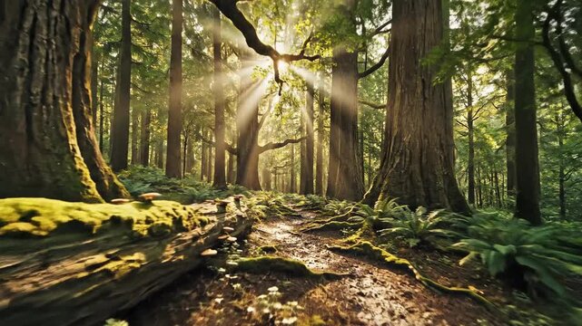 Sunlight filtering through the canopy of a dense forest, illuminating a winding path with dappled light and mossy surroundings.