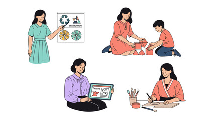 Fototapeta premium Educator and Children's Activities: Capturing the essence of education and interactive engagement, a collage of scenes showcases an educator guiding a lesson.