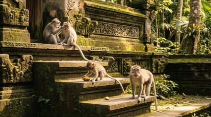 Fototapeta premium Long-tailed macaques grooming and foraging on Balinese temple steps in Ubud representing Indonesia wildlife tourism and cultural heritage