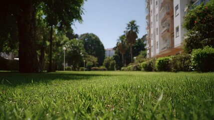 Fototapeta premium Low angle view of a lush green lawn in a sunny park beside a modern building with trees and blue sky