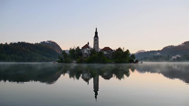 Pilgrimage Church of Assumption of Mary on Bled Island reflected in misty Lake Bled at dawn, Slovenia