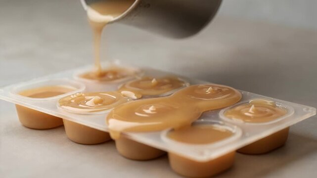 Closeup of molten paraffin wax being carefully poured into small foodgrade molds capturing the smooth flow and initial cooling process of edible wax blocks.