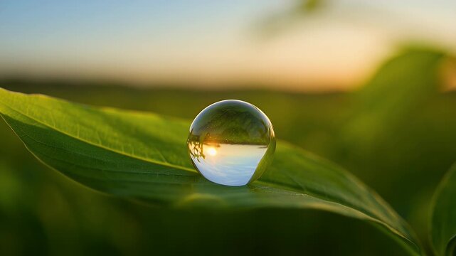 A clear sphere rests on a vibrant green leaf, reflecting an inverted warm sky and landscape