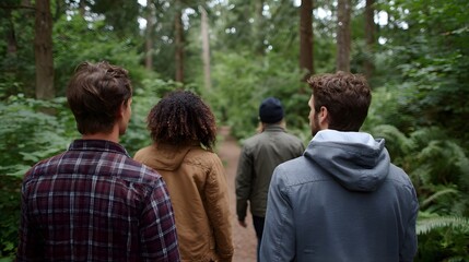 Naklejka premium A diverse group of friends walking together on a scenic path through a lush green forest during the day