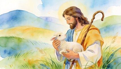 Naklejka premium Jesus shepherd holding a small lamb in a meadow. Biblical illustration of a man with a holy halo caring for an animal. Christian religious art for Easter, Palm Sunday and worship.