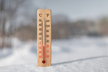 White celsius and fahrenheit scale thermometer in snow. Ambient temperature minus 5 degrees celsius © Tomas Ragina