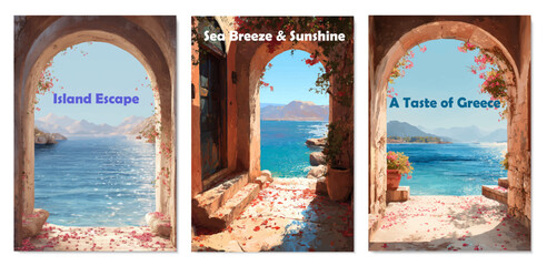 Greek island set with Santorini landscapes, traditional architecture, and sea views. Vector illustrations capture Mediterranean summer charm for postcards and holiday graphics.
