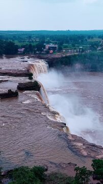 Vertical Aerial View of Chitrakote Waterfalls During Monsoon Bastar Chhattisgarh India