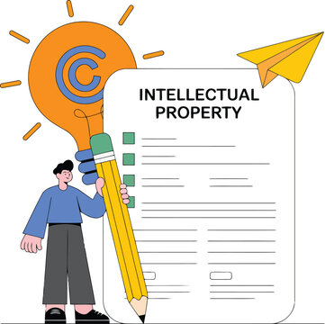 A man holding a large pencil next to an intellectual property form
