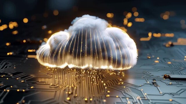 Glowing cloud symbol with circuitry detail represents modern technology and data storage concepts in a digital environment during nighttime