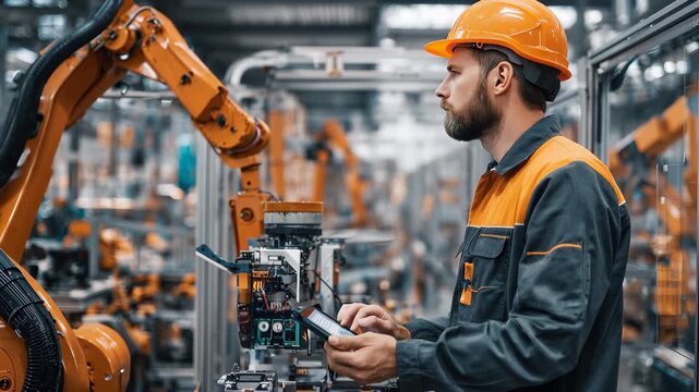 Male automation engineer in uniform helmet works on a robotic assembly line in a modern factory setting during daytime