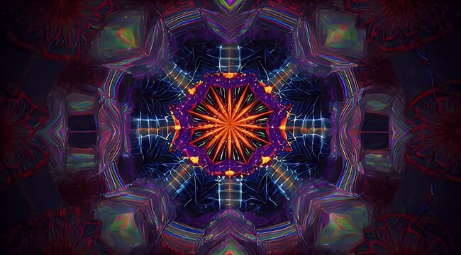 Symmetrical vibrant abstract kaleidoscope with glowing star surrounded by deep colorful patterns