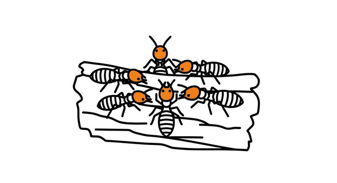 Termites on wood vector illustration, a swarm of insects consuming timber in a graphic design