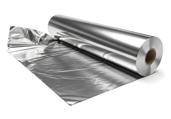 Roll of crumpled aluminum foil on white background