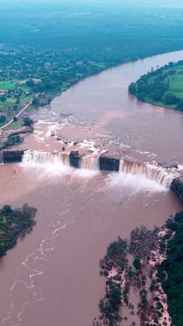 Vertical Aerial View of Chitrakote Waterfalls During Monsoon Bastar Chhattisgarh India