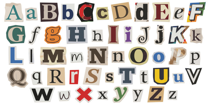 Ransom note style alphabet set with colorful cut out letters from newspapers and magazines vector illustration on white background