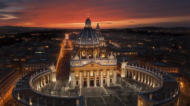 St. Peter's Basilica bathed in the dramatic colors of sunset.