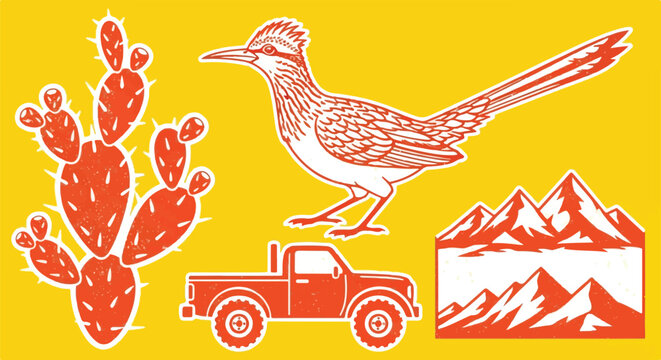 Retro Southwest Adventure Sticker Set with Roadrunner and 4x4 Truck,rugged off-road pickup truck, prickly pear cactus, and sharp mountain silhouettes