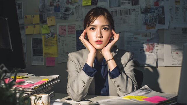 女性が業務負荷で頭を押さえる