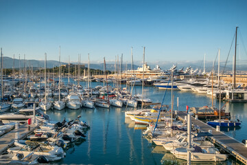 Port Vauban Marina with Many White Sailing Yachts and Motor Boats