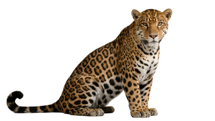 Isolated majestic jaguar sitting calmly, showcasing its beautiful spotted fur and powerful physique © Isadora