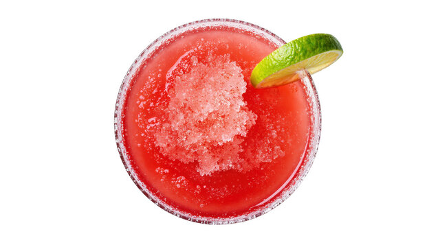 Isolated top view of a vibrant red frozen cocktail with a fresh lime wedge and a frosted sugar rim
