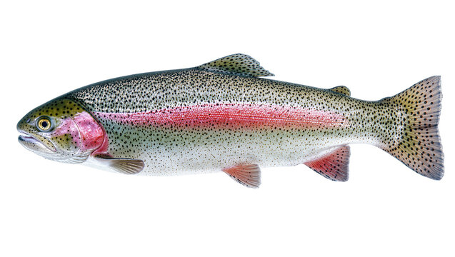 Isolated vibrant rainbow trout fish with iridescent scales, distinctive colorful stripe and spots
