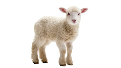 Isolated cute white lamb stands confidently, looking into camera, fluffy woolly sheep © Isadora
