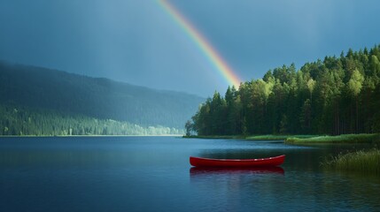 Fototapeta premium Canoeing adventure under rainbow serene lake landscape nature photography tranquil environment scenic view