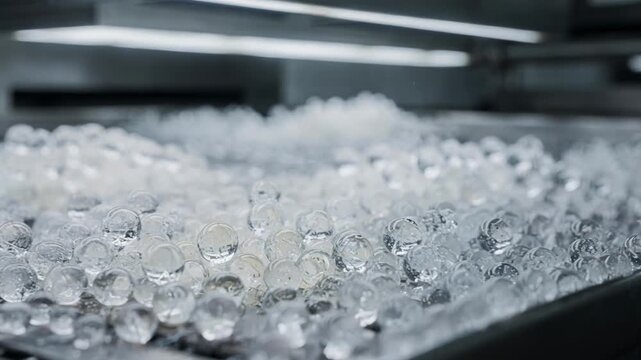 Medium shot focusing on macro closeup of translucent silica gel beads slowly forming showcasing intricate textures and drying stages in industrial settings.