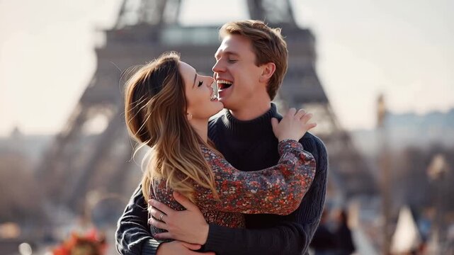 Happy romantic couple enjoying a beautiful day near the Eiffel Tower in Paris, filled with love and laughter against a stunning backdrop