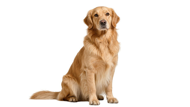 Isolated beautiful purebred golden retriever dog sitting looking directly at the viewer