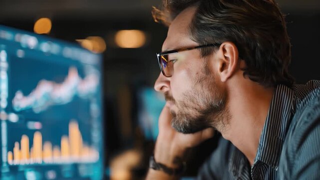 Business professional analyzing data trends on a screen during an evening work session in a modern office environment