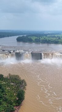 Vertical Aerial View of Chitrakote Waterfalls During Monsoon Bastar Chhattisgarh India