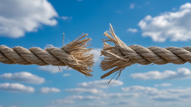 Torn rope against blue sky with clouds, broken twine