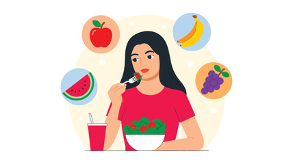 Healthy eating illustration with woman enjoying fresh salad and drink, surrounded by fruits including apple, banana, grapes, and watermelon, symbolizing nutrition, wellness, and balanced lifestyle 