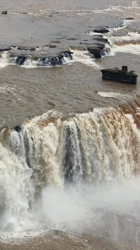 Vertical Aerial View of Chitrakote Waterfalls During Monsoon Bastar Chhattisgarh India