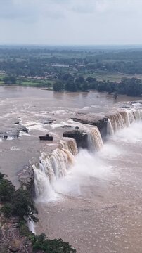 Vertical Aerial View of Chitrakote Waterfalls During Monsoon Bastar Chhattisgarh India