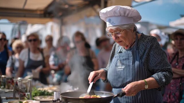 Elderly woman chef skillfully cooking at an outdoor culinary event under a sunny sky with an engaged audience watching her every move