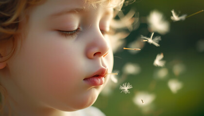 Fototapeta premium A sweet young child with closed eyes gently blowing dandelion seeds into the soft, warm sunlight.