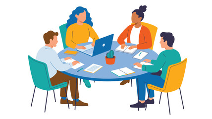 Four diverse individuals seated around a circular table with papers, notebooks, and a laptop, symbolizing teamwork, collaboration, planning, and professional or educational group discussion illustrat 