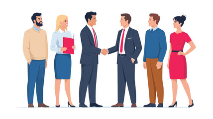 Obraz premium Six business professionals in formal attire with two men shaking hands, symbolizing agreement, networking, teamwork, and collaboration in a corporate environment vector illustration