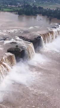 Vertical Aerial View of Chitrakote Waterfalls During Monsoon Bastar Chhattisgarh India