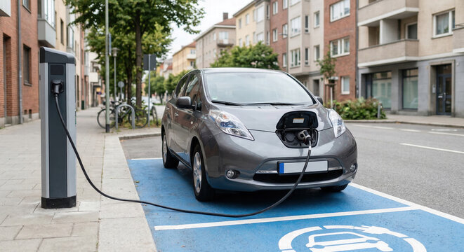 Electric Car Charging At Public EV Station In Designated Urban Parking Space On Residential City Street With Clean Energy Infrastructure
