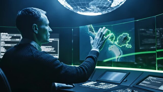 Man analyzes DNA hologram on futuristic screen in control room. Scientist points at DNA data on digital display. Man studying hologram with genetic data. Futuristic DNA analysis on screen.