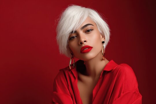 Female hispanic adult portrait fashion whitehair redlips red blouse gold earrings confident gaze studio beauty image